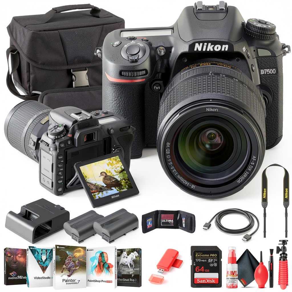 Nikon D7500 DSLR camera with lens and accessories displayed on a table