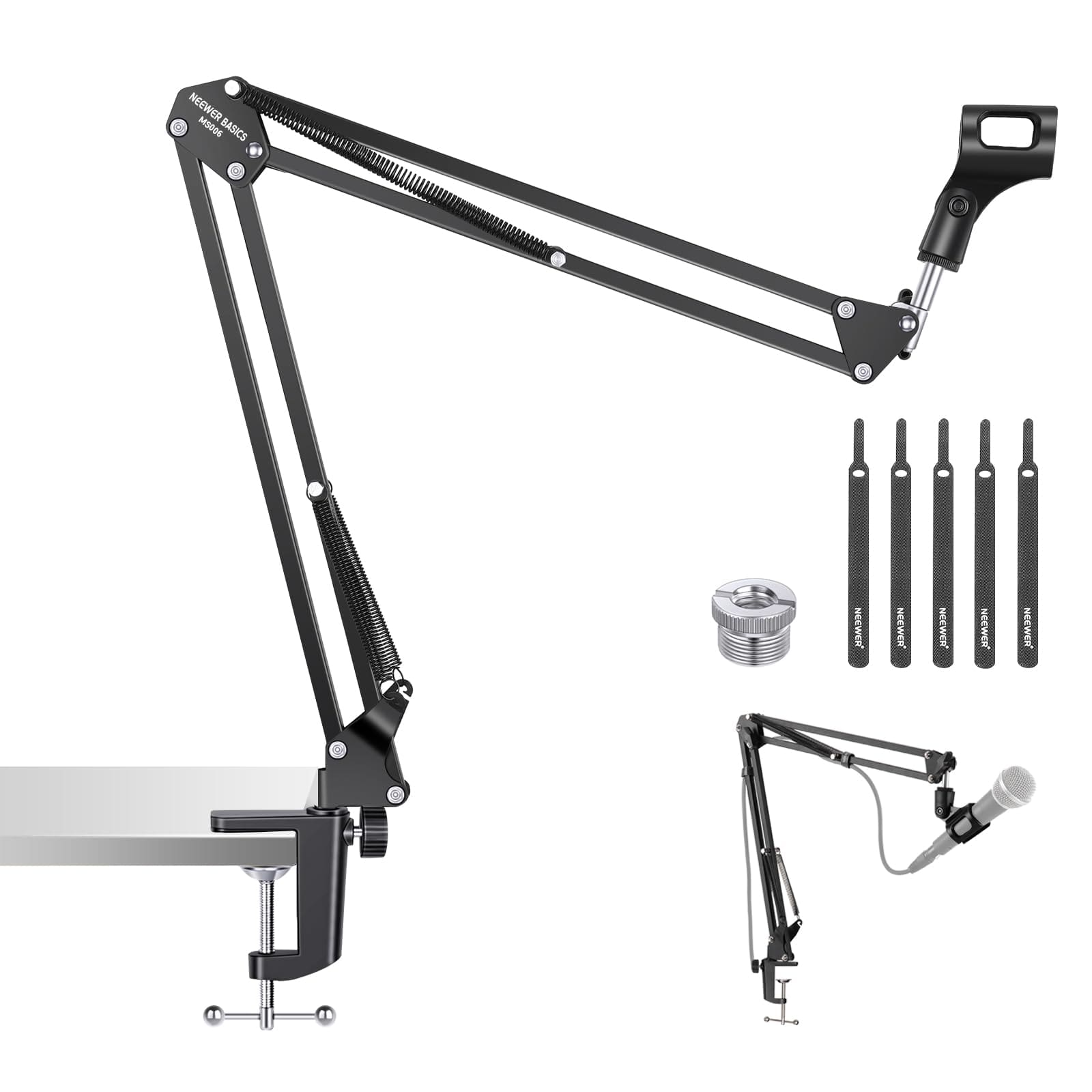 Neewer microphone arm stand mounted on a desk with microphone attached
