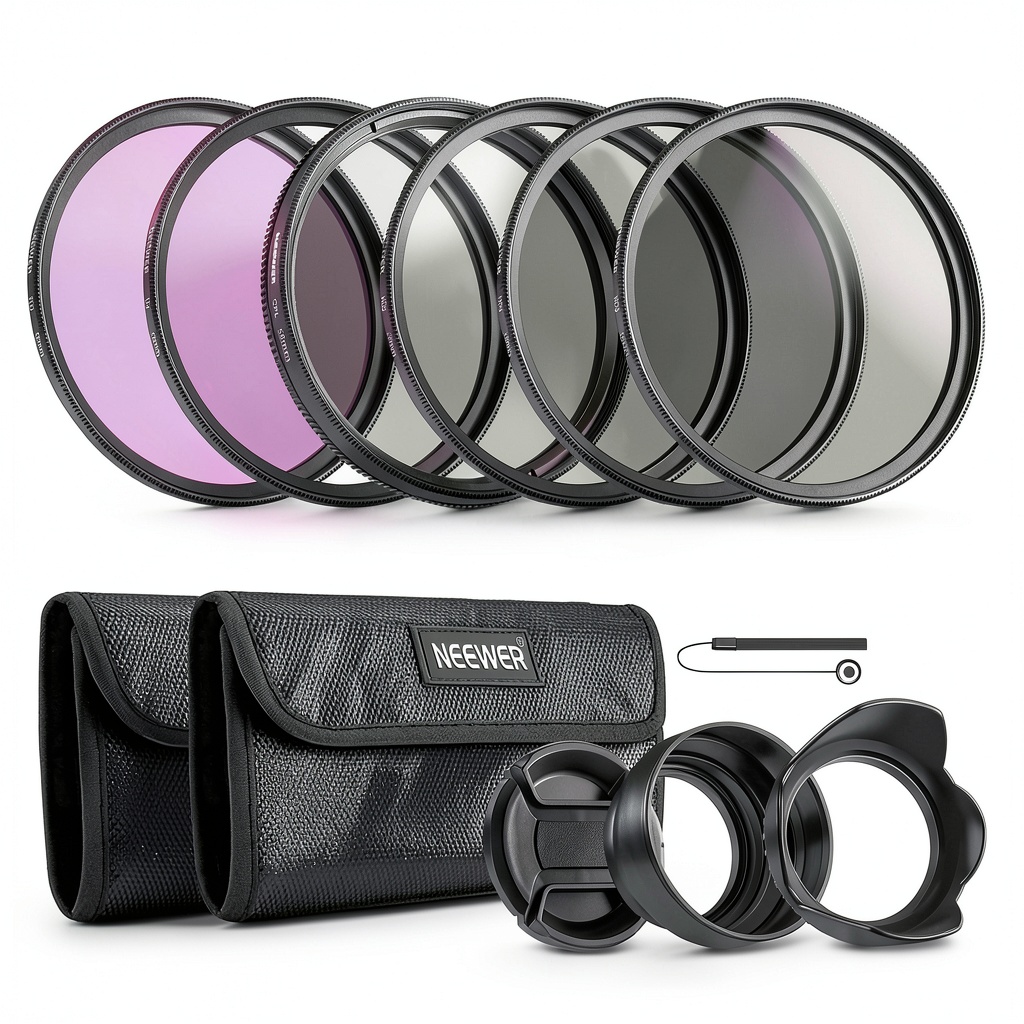 Neewer 58mm lens filter kit displayed with all components