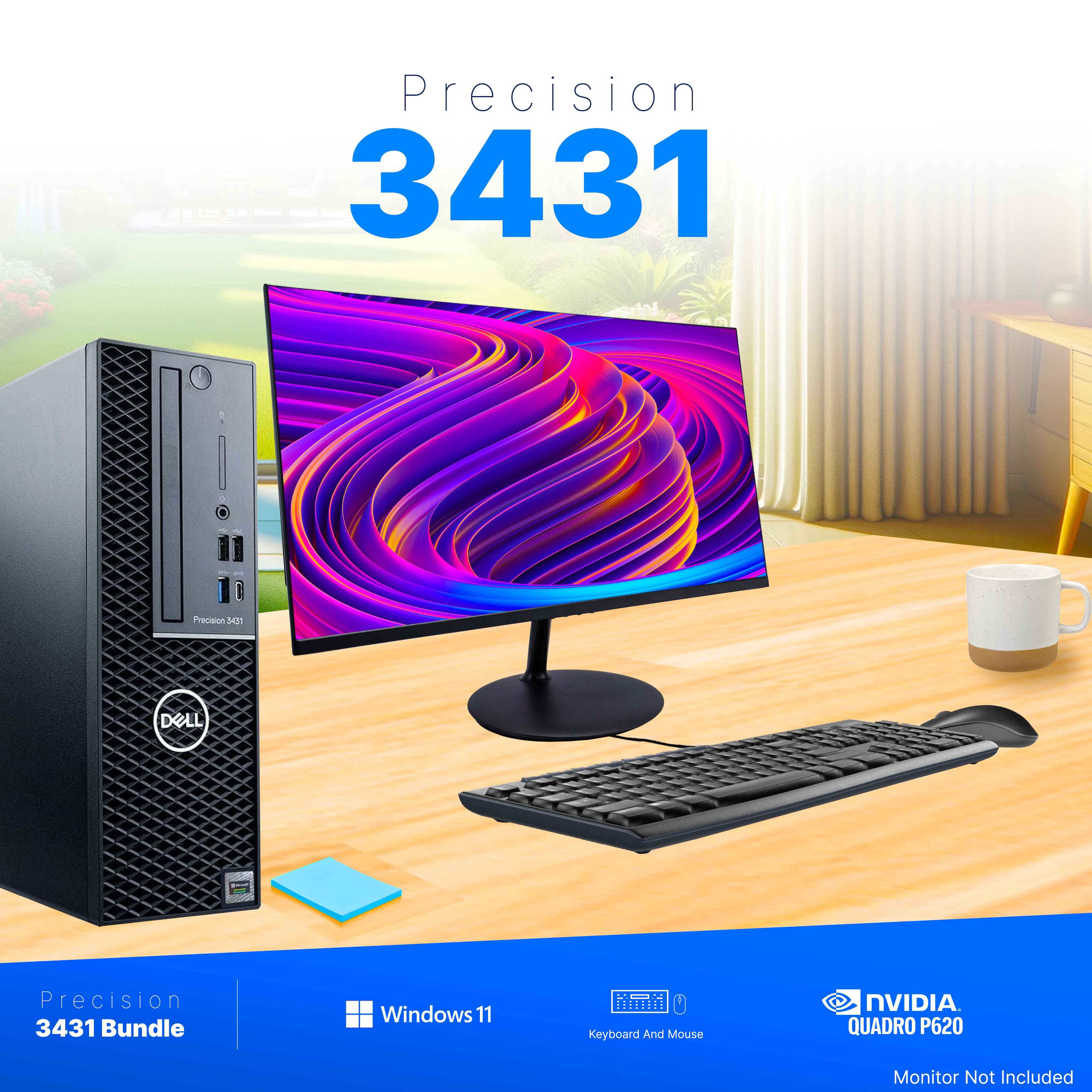 Dell Precision 3431 desktop setup with monitor on a home office desk