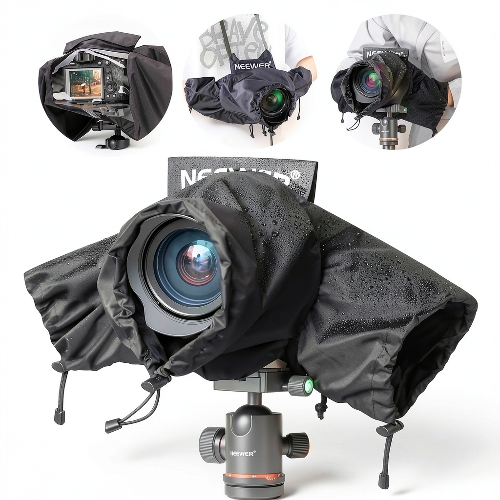Neewer Camera Rain Cover fitted on a DSLR with a large telephoto lens
