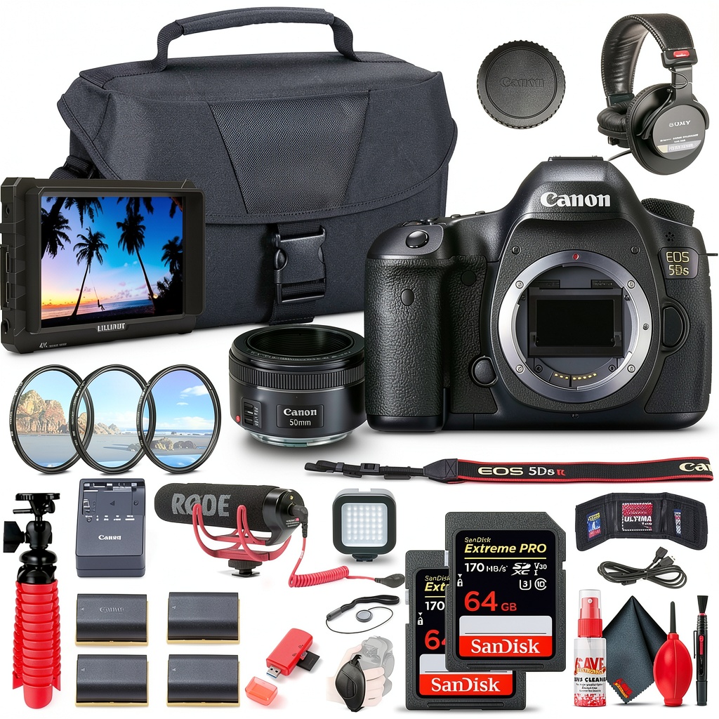 Canon EOS 5DS DSLR camera with accessories on a studio setup
