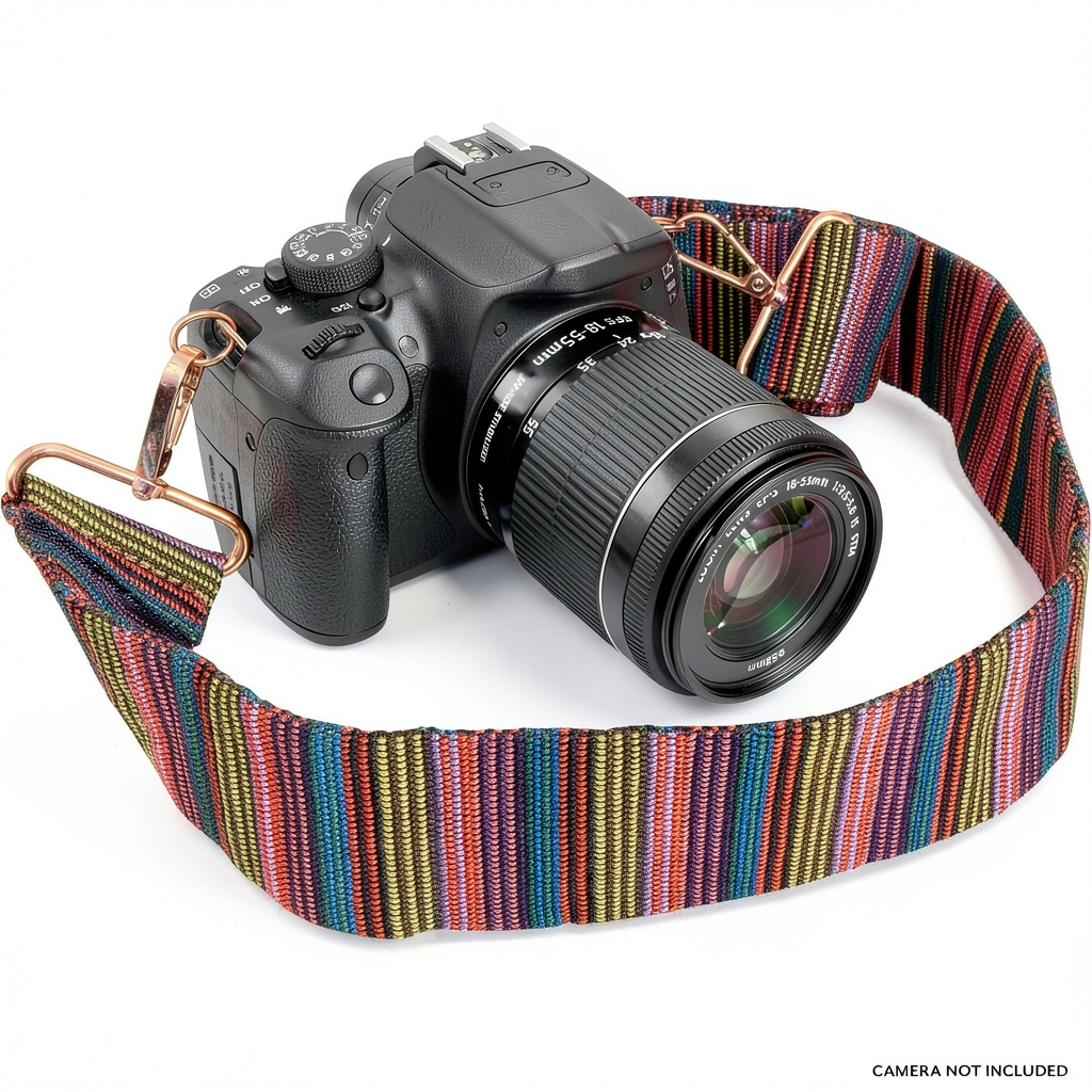 Bower Fashion adjustable cotton camera strap laid out on a wooden desk with DSLR attached