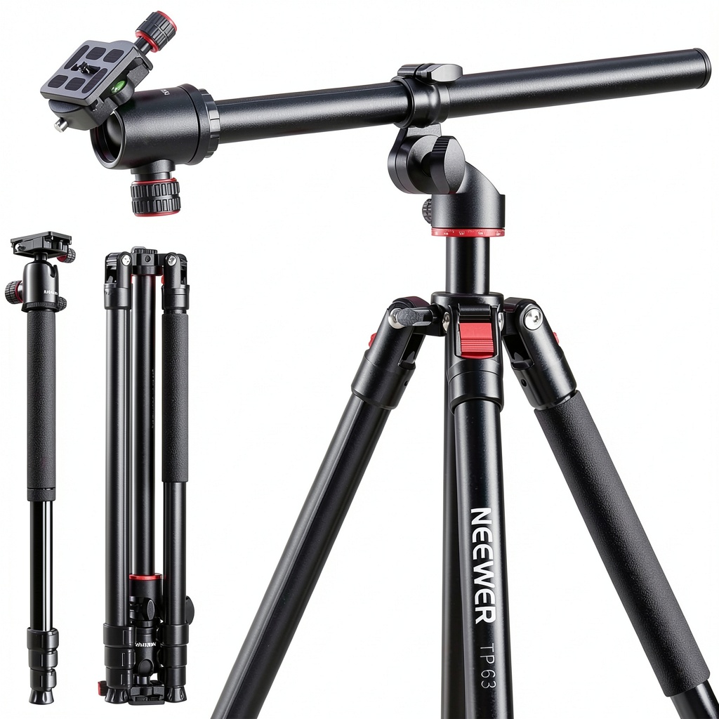 Neewer TP63 tripod extended with camera attached in outdoor setting