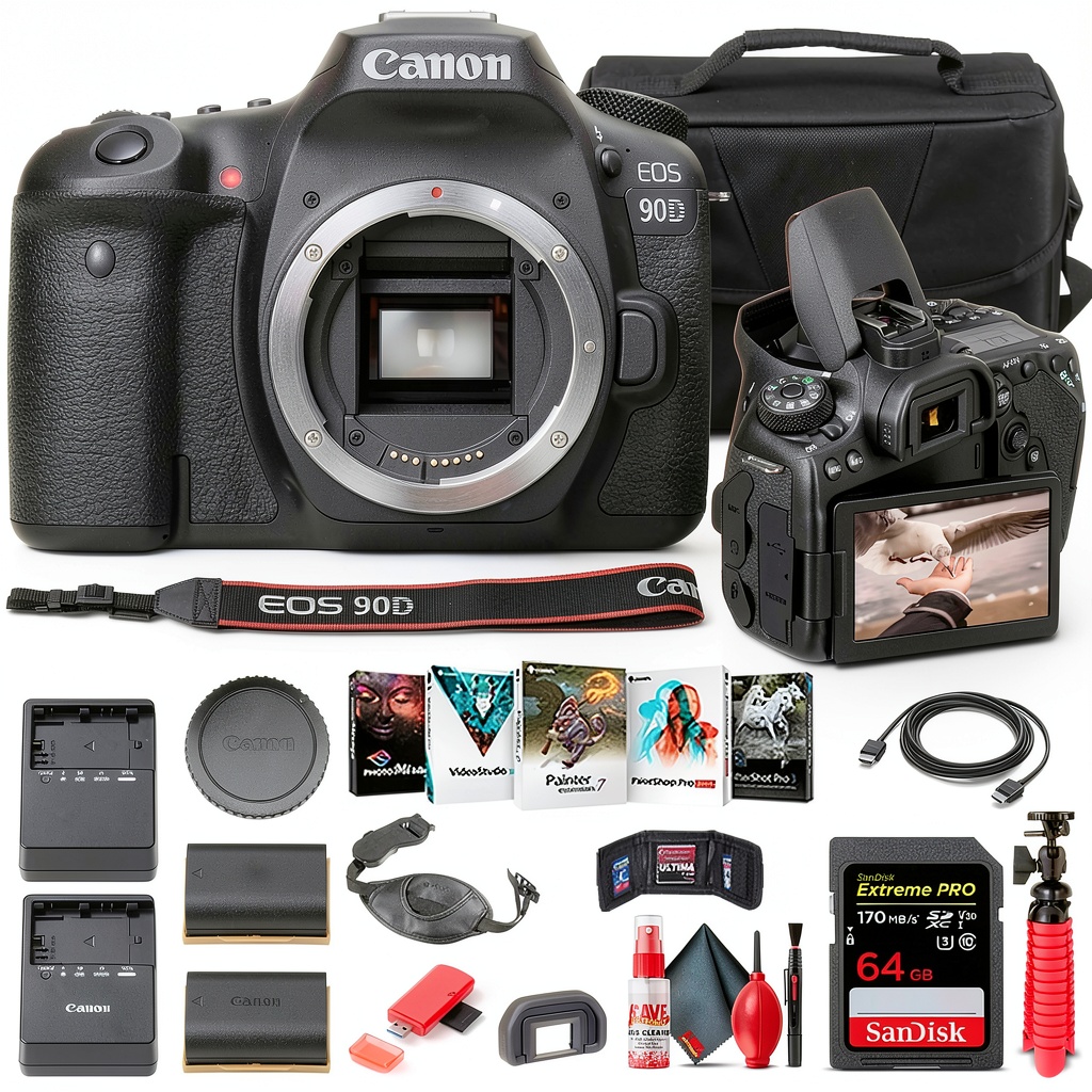 Canon EOS 90D DSLR camera with vari-angle screen and accessories