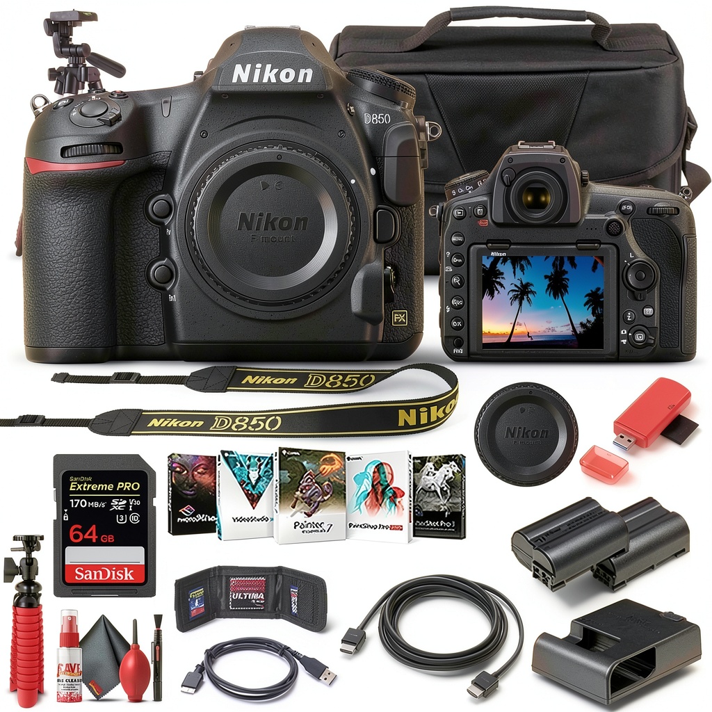Nikon D850 DSLR camera with bundle accessories displayed on a table