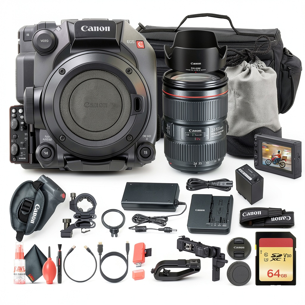 Canon C300 Mark III Cinema Camera with lens and accessories on a studio table