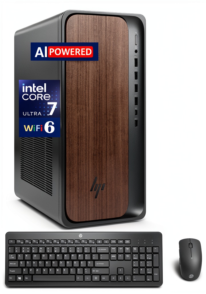 HP OmniDesk Desktop Ultra 7 setup on modern home office desk showing dark wood finish and wireless accessories