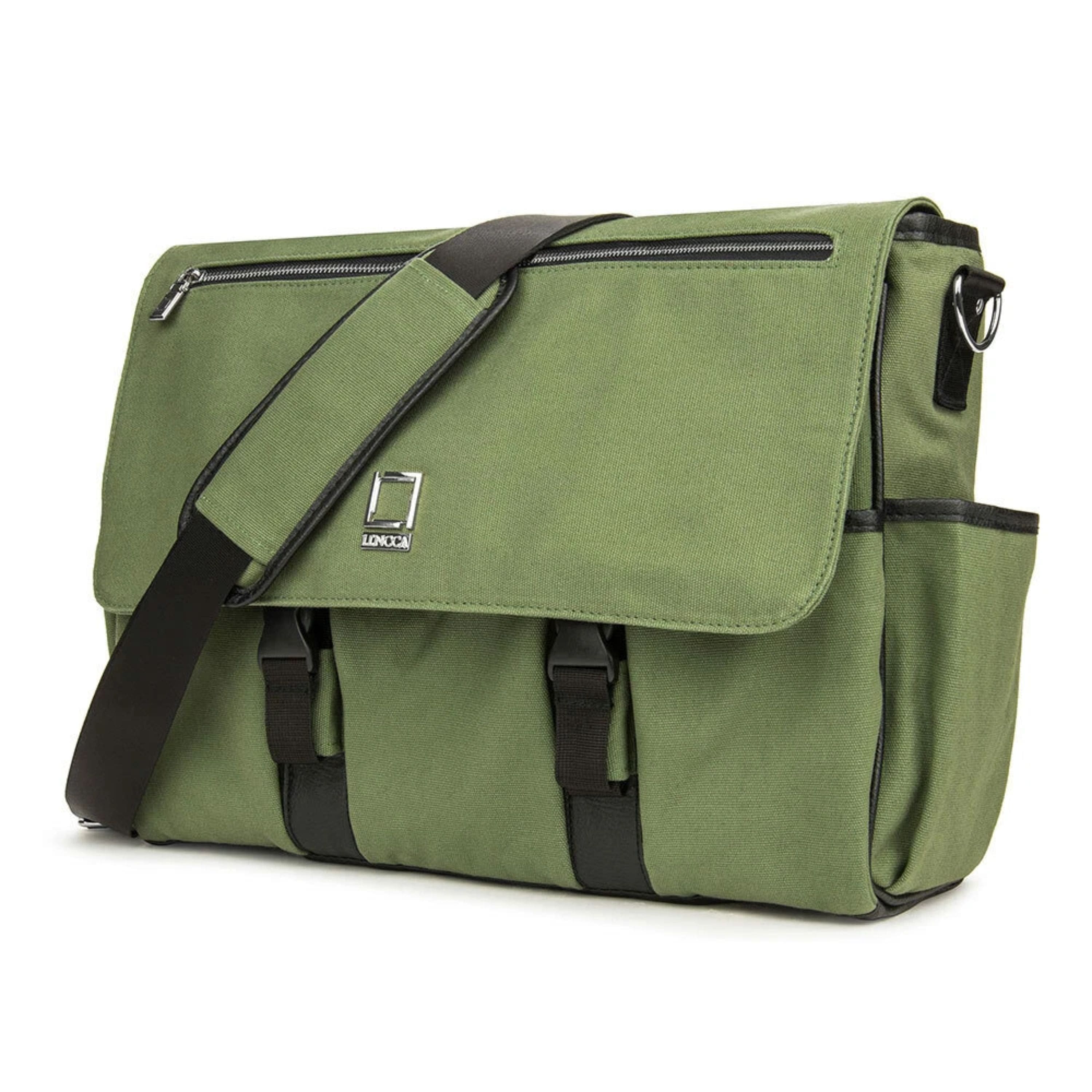Forest Green Camera Messenger Bag opened on a park bench showing the interior padded organizer