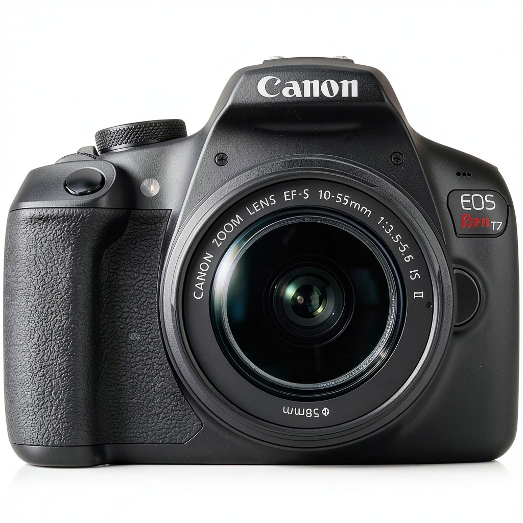 Canon EOS Rebel T7 DSLR Camera with lens on a table