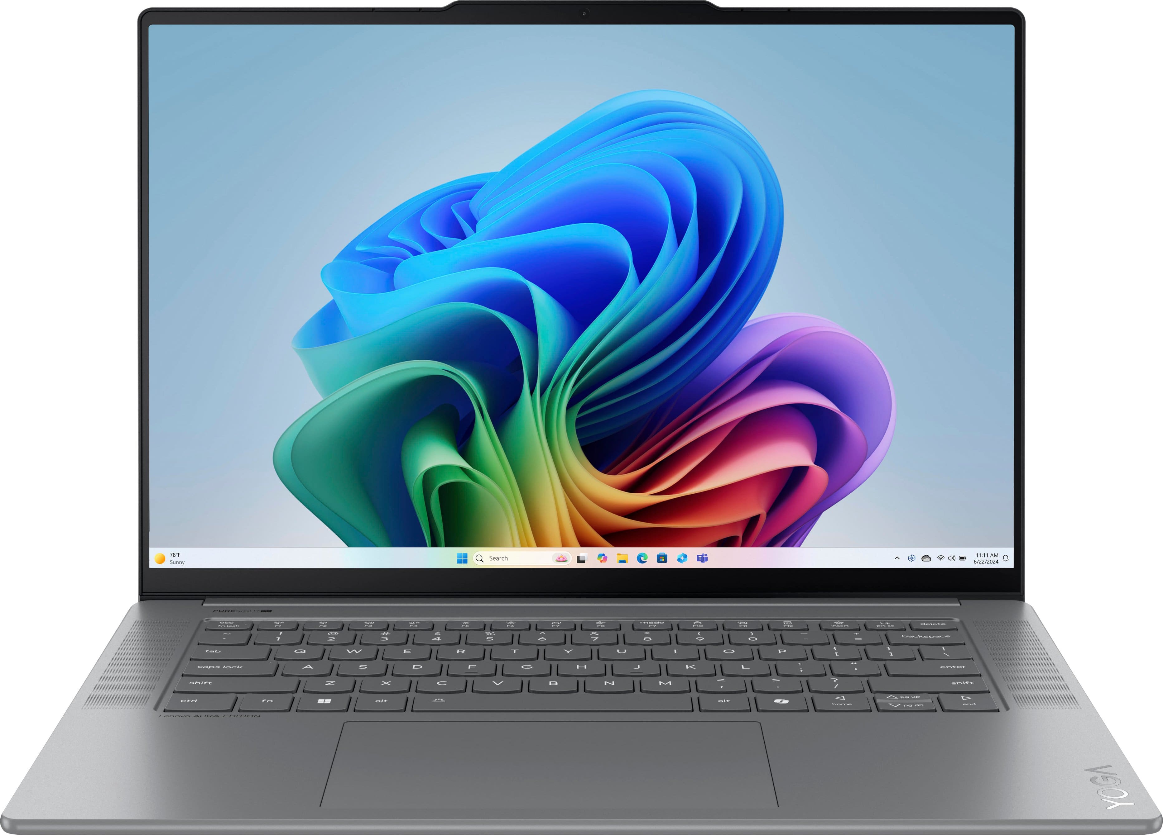 Lenovo Yoga Slim 7i Aura Edition laptop displaying creative software on its 15.3-inch screen