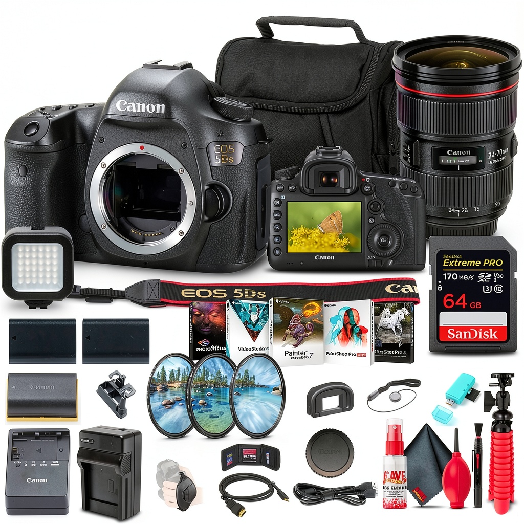 Canon EOS 5DS DSLR Camera with lens and accessories on a studio table