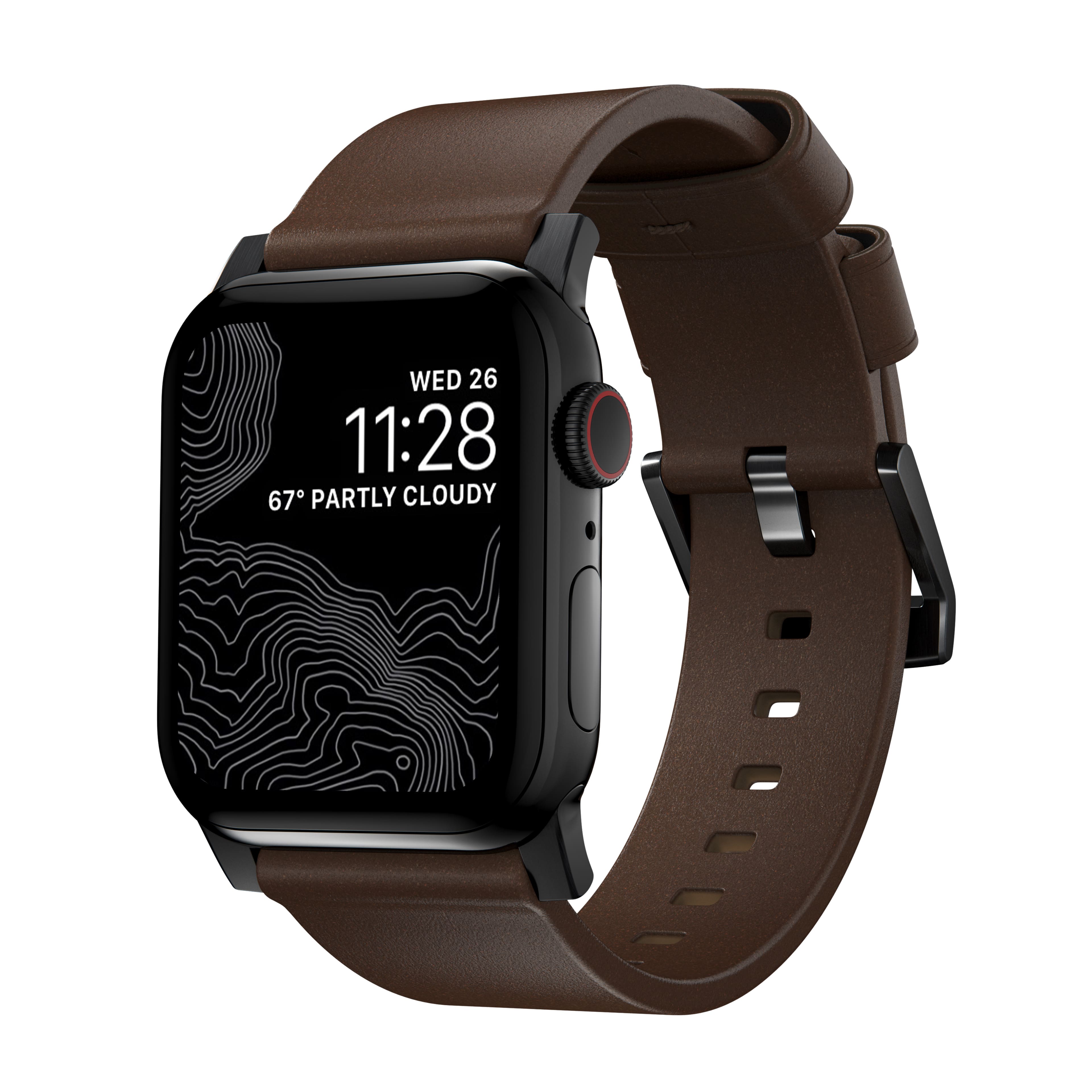 Modern Leather Apple Watch Strap in brown with black lugs on a wrist